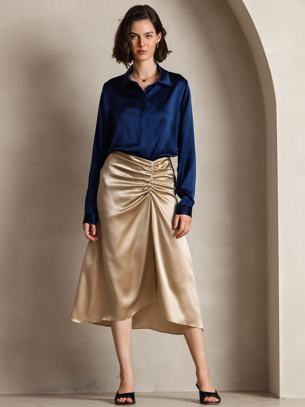19Momme Silk Long Sleeve Lapel Collar Women's Shirt