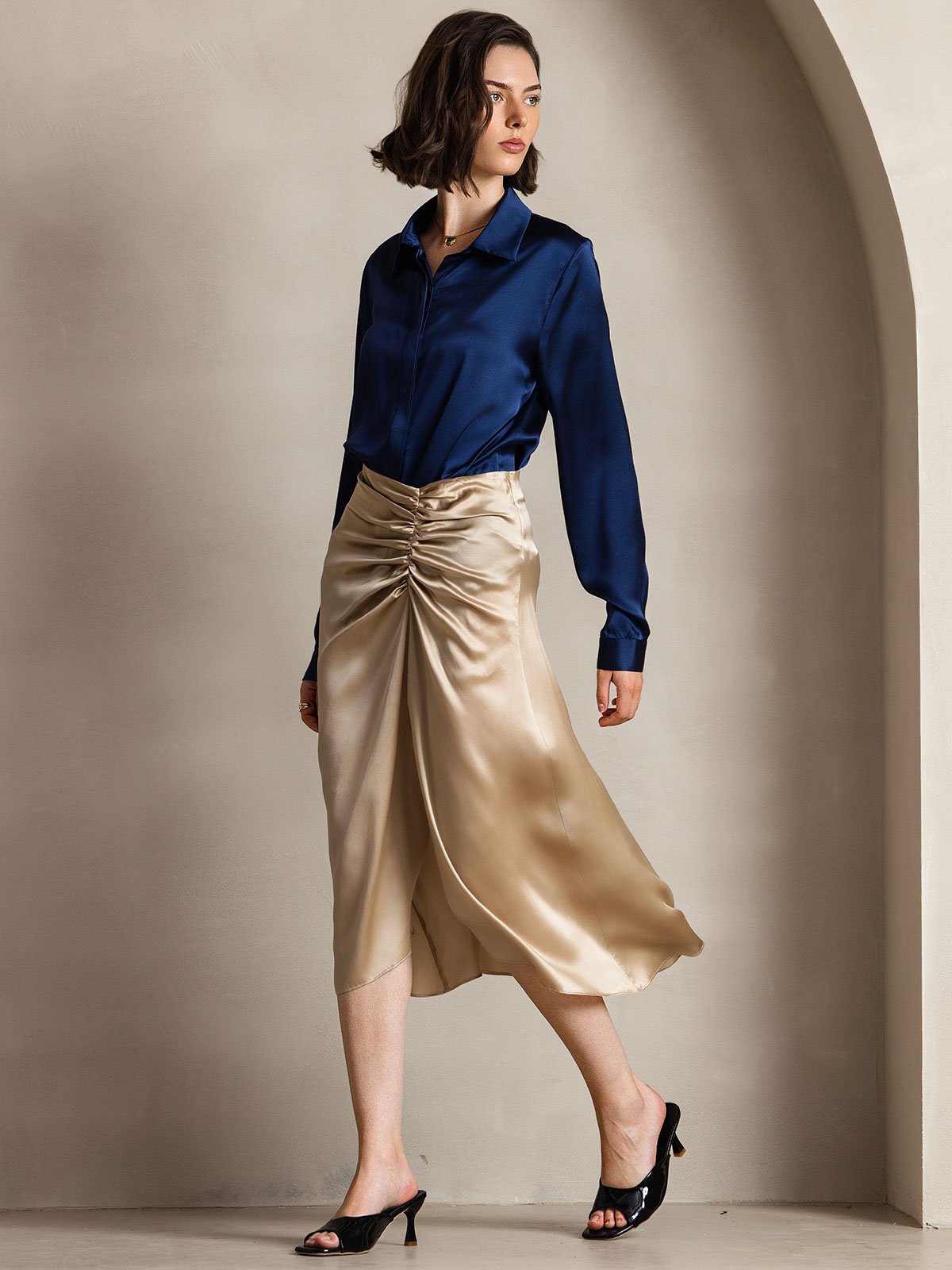 19Momme Silk Long Sleeve Lapel Collar Women's Shirt