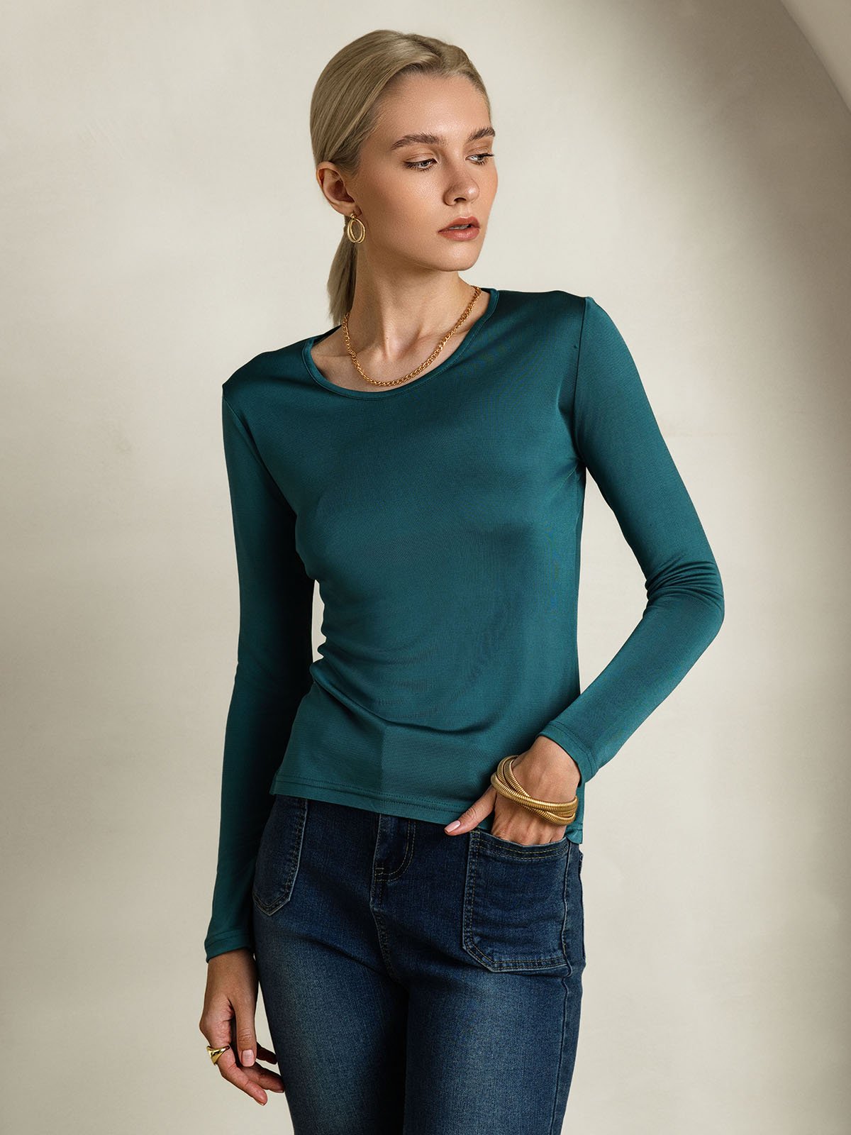 Silk Blend Round Neck Long-Sleeved T-Shirt