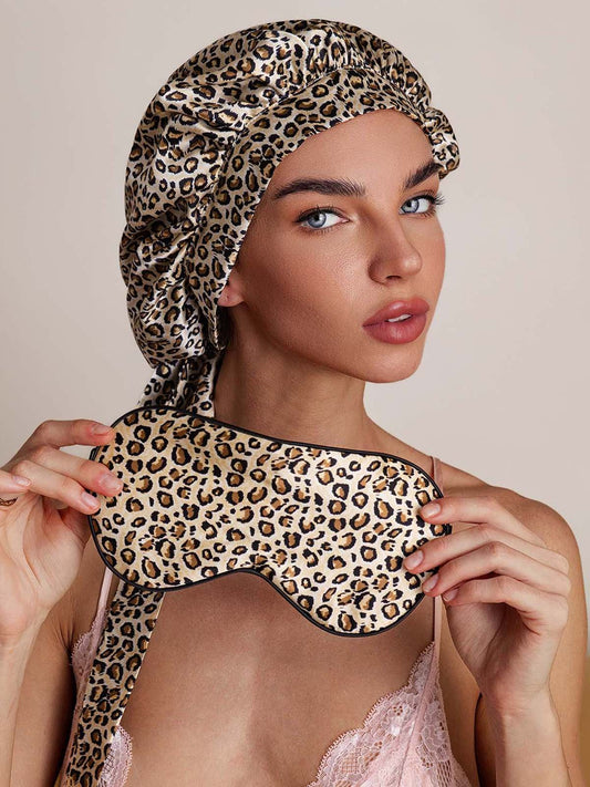 Pure Silk Leopard Pattern Bonnet+Eye Mask Set