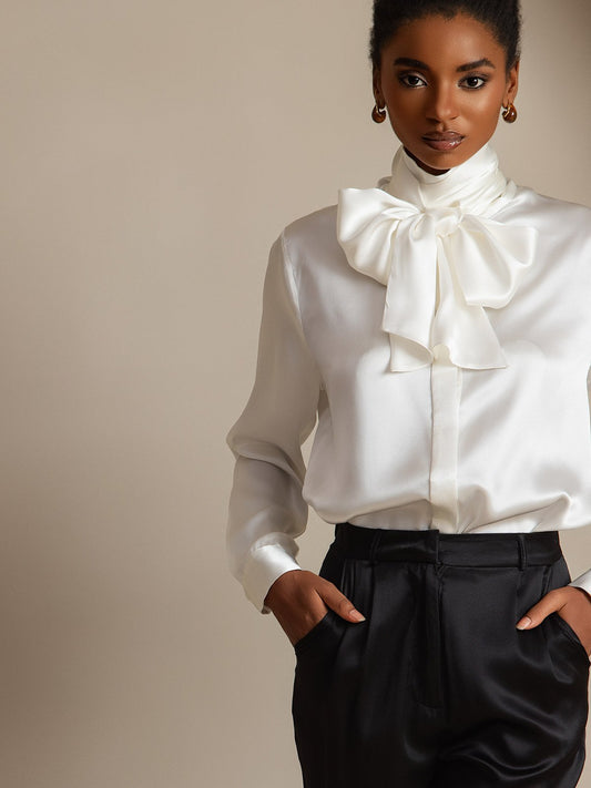 19Momme Silk Long Sleeve High Neck Bow Tie Blouse