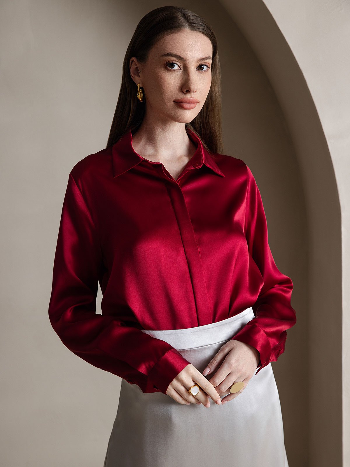 19Momme Silk Long Sleeve Lapel Collar Women's Shirt