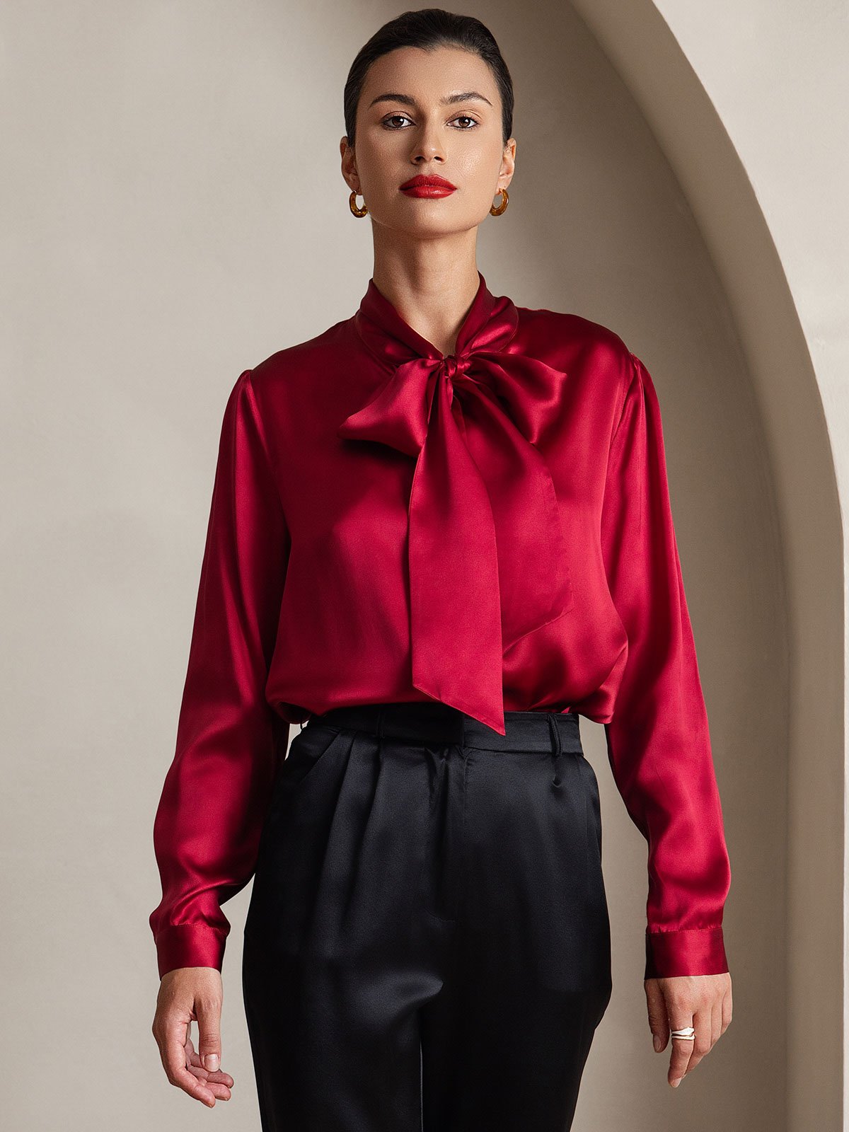 19Momme Silk Long Sleeve Tie Neck Blouse