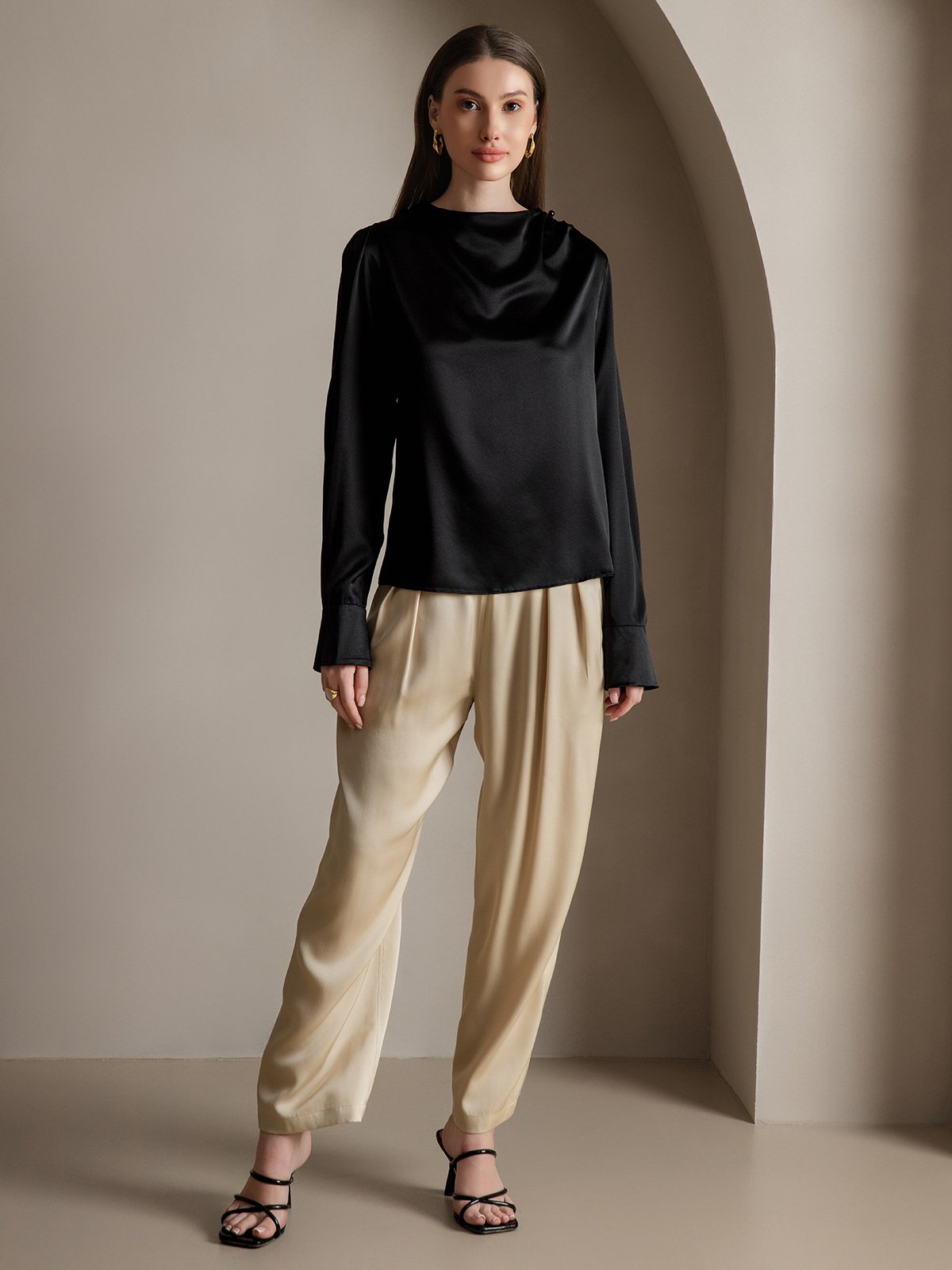 19Momme Silk Long Sleeve Boat Neck Blouse