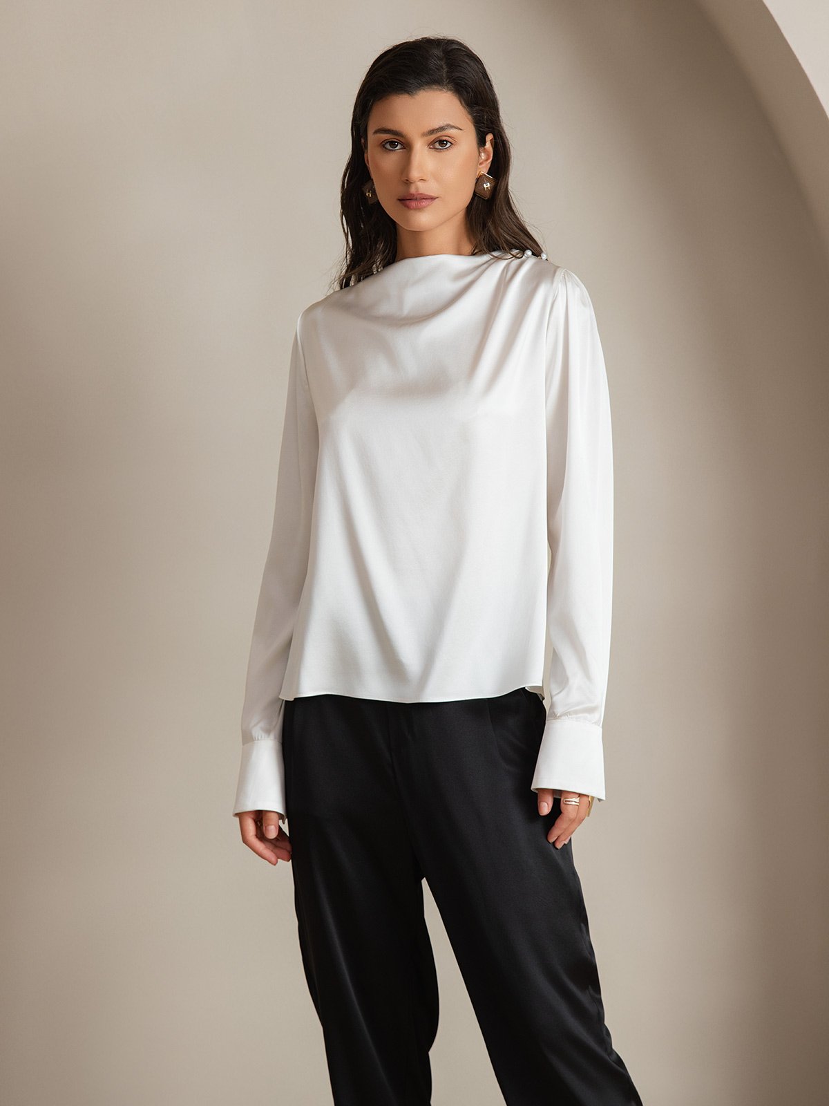 19Momme Silk Long Sleeve Boat Neck Blouse