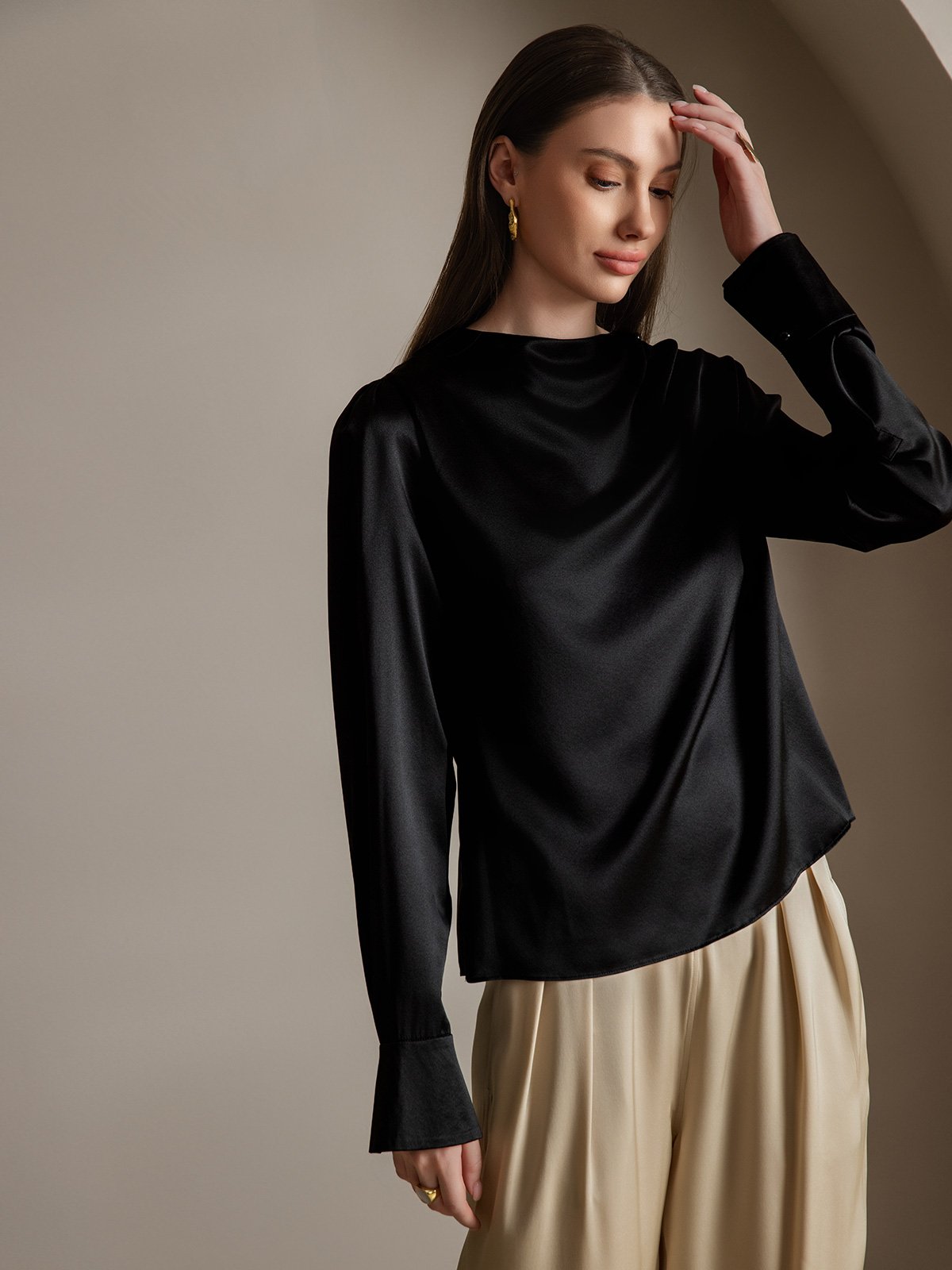 19Momme Silk Long Sleeve Boat Neck Blouse
